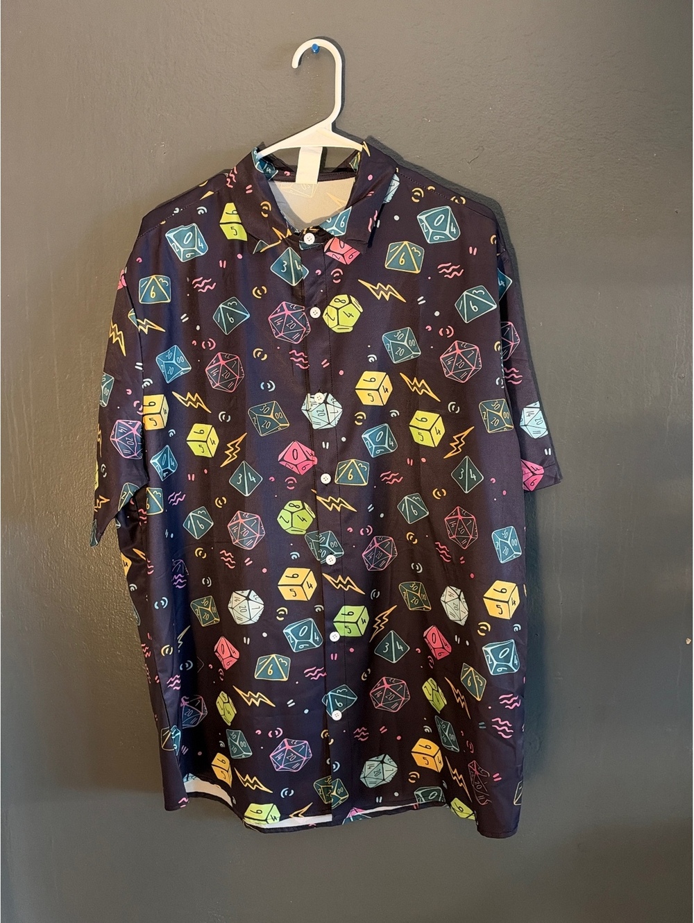 Men's XL Black Short Sleeve Button-Up Shirt with Colorful Dice Print